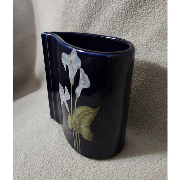 Vintage Tear Drop Dark Blue Porcelain Vase Calla Lily Flower Chinese - Picture 3 of 10